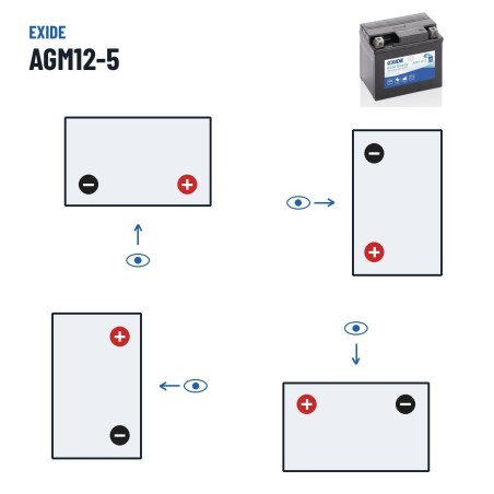Batterie moto Exide AGM12-5 12V 4Ah 70A AGM – polarité (schéma 0, + à droite)