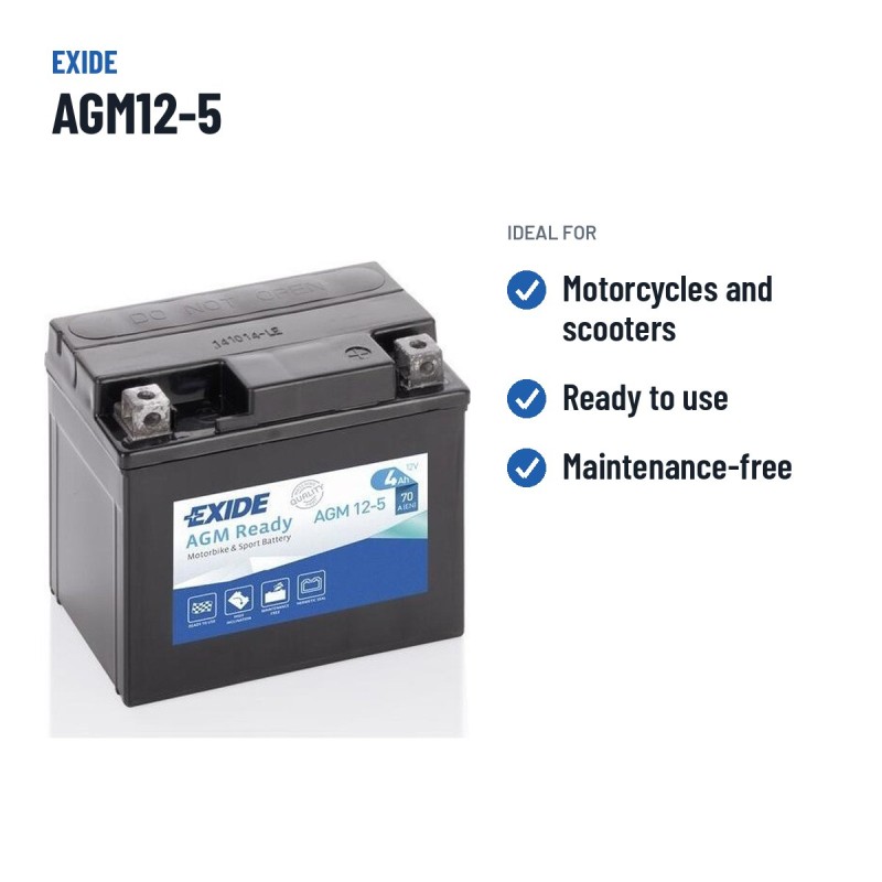 Bateria de mota Exide AGM12-5 12V 4Ah 70A AGM – utilizações recomendadas
