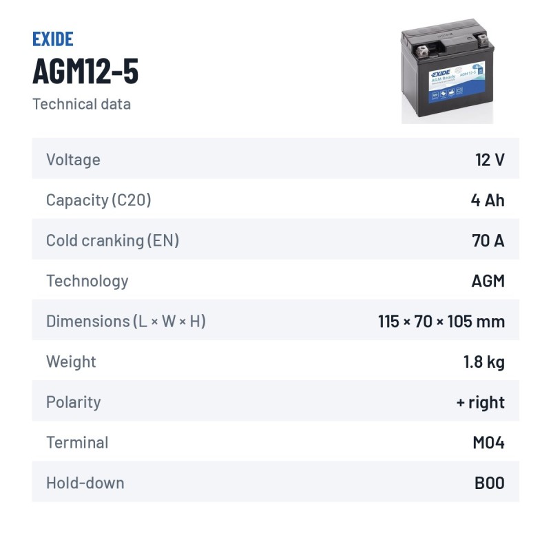 Bateria de mota Exide AGM12-5 12V 4Ah 70A AGM – ficha técnica