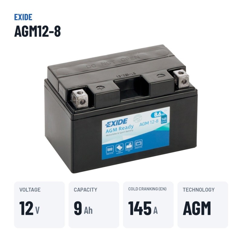 Batterie moto Exide AGM12-8 12V 8.6Ah 145A AGM – caractéristiques clés