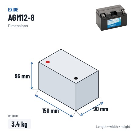 Batterie moto Exide AGM12-8 12V 8.6Ah 145A AGM – dimensions 150 × 90 × 95 mm