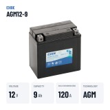 Motorcycle battery Exide AGM12-9 12V 9Ah 120A AGM – key specs