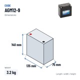 Motorcycle battery Exide AGM12-9 12V 9Ah 120A AGM – dimensions 135 × 75 × 140 mm