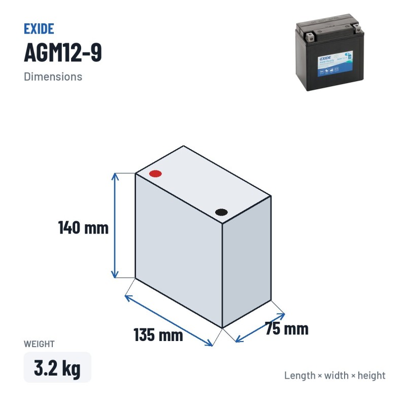 Bateria de mota Exide AGM12-9 12V 9Ah 120A AGM – medidas 135 × 75 × 140 mm