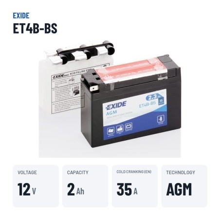 Batterie moto Exide ET4B-BS 12V 2Ah 35A AGM – caractéristiques clés
