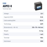 Motorcycle battery Exide AGM12-9 12V 9Ah 120A AGM – technical data