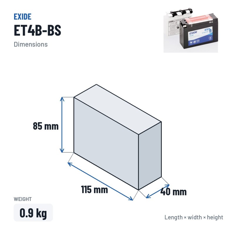 Batterie moto Exide ET4B-BS 12V 2Ah 35A AGM – dimensions 115 × 40 × 85 mm