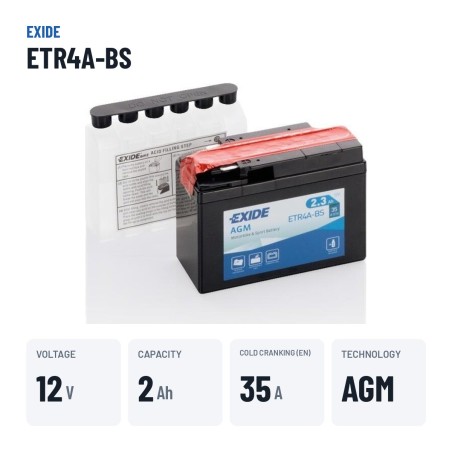 Batterie moto Exide ETR4A-BS 12V 2Ah 35A AGM – caractéristiques clés
