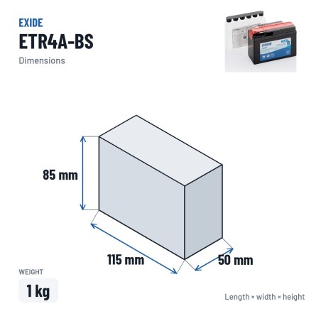 Batería de moto Exide ETR4A-BS 12V 2Ah 35A AGM – medidas 115 × 50 × 85 mm