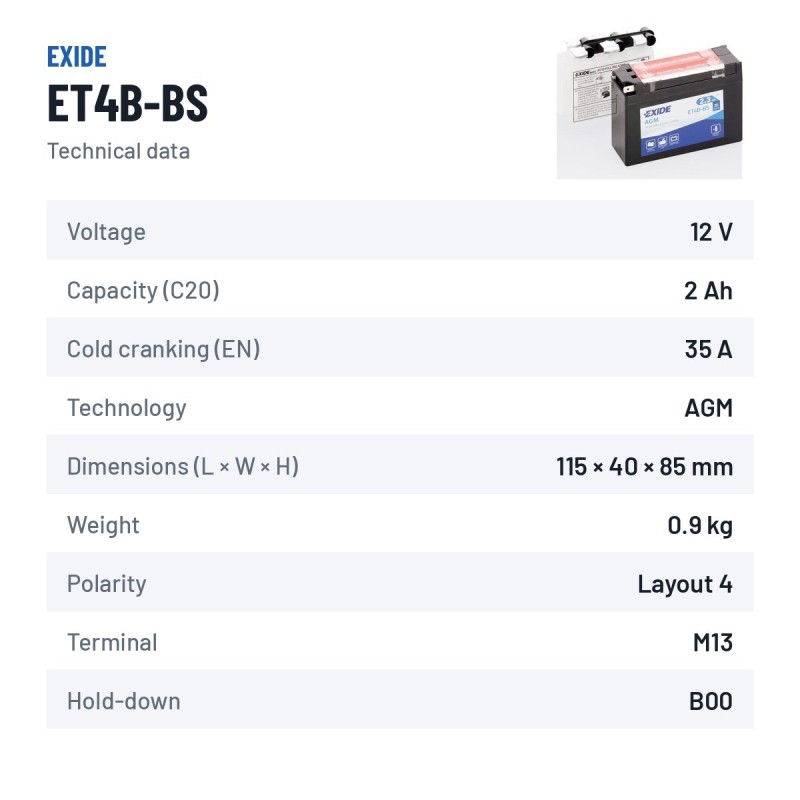 Batterie moto Exide ET4B-BS 12V 2Ah 35A AGM – fiche technique