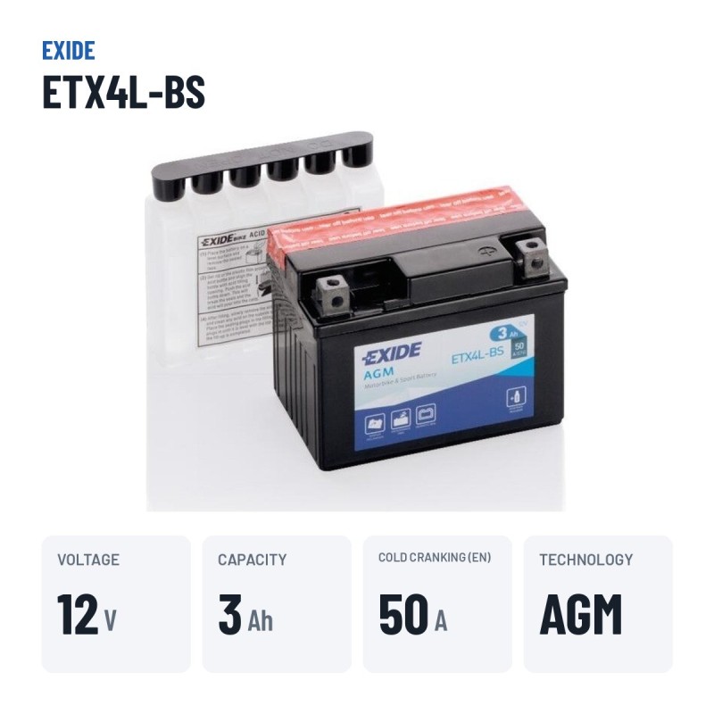 Motorcycle battery Exide ETX4L-BS 12V 3Ah 50A AGM – key specs