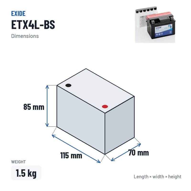 Motorradbatterie Exide ETX4L-BS 12V 3Ah 50A AGM – Abmessungen 115 × 70 × 85 mm