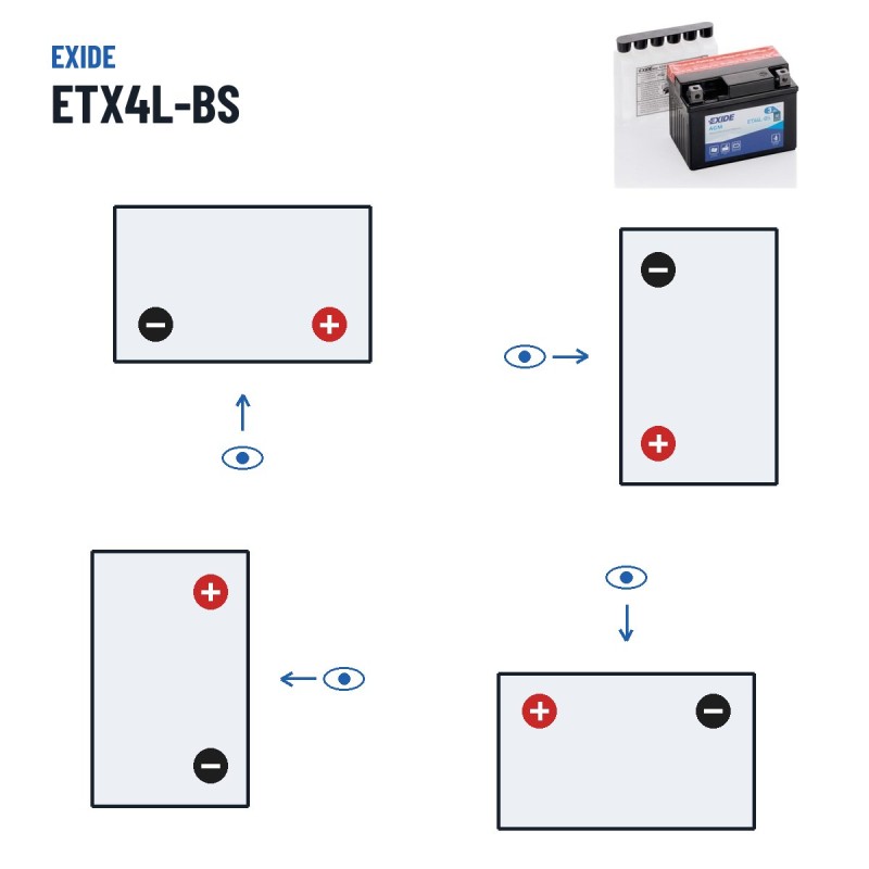 Motorcycle battery Exide ETX4L-BS 12V 3Ah 50A AGM – polarity (layout 0, + right)