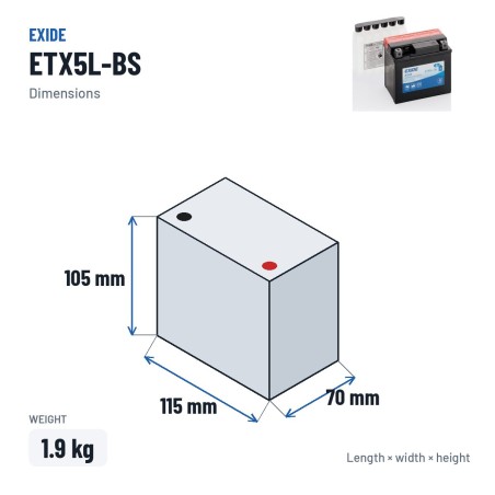 Batteria moto Exide ETX5L-BS 12V 4Ah 70A AGM – dimensioni 115 × 70 × 105 mm