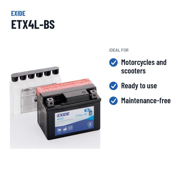 Motorcycle battery Exide ETX4L-BS 12V 3Ah 50A AGM – recommended uses