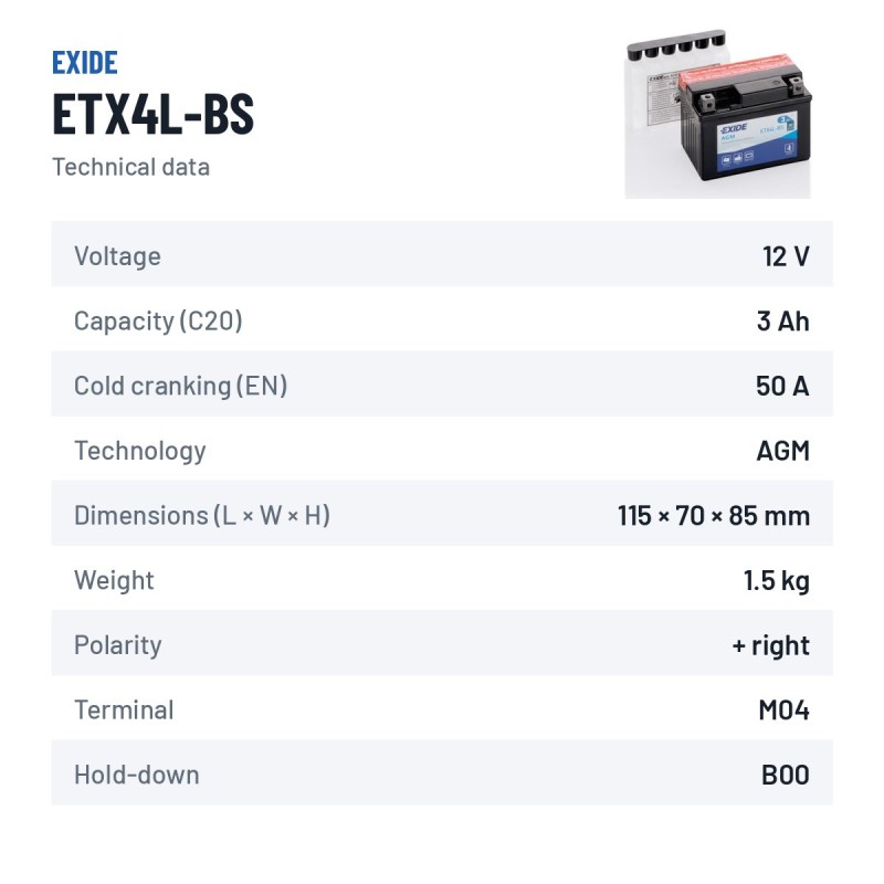 Motorradbatterie Exide ETX4L-BS 12V 3Ah 50A AGM – technische Daten