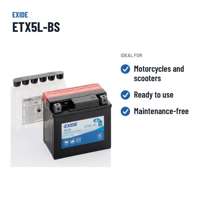 Batería de moto Exide ETX5L-BS 12V 4Ah 70A AGM – usos recomendados