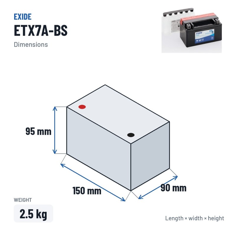 Motorcycle battery Exide ETX7A-BS 12V 6Ah 90A AGM – dimensions 150 × 90 × 95 mm