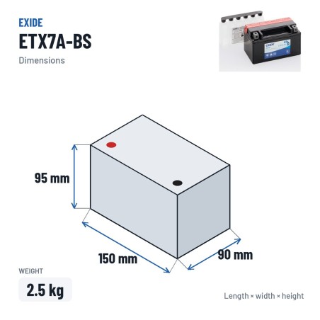 Motorradbatterie Exide ETX7A-BS 12V 6Ah 90A AGM – Abmessungen 150 × 90 × 95 mm