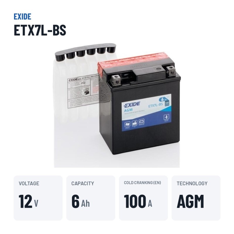 Batteria moto Exide ETX7L-BS 12V 6Ah 100A AGM – dati principali