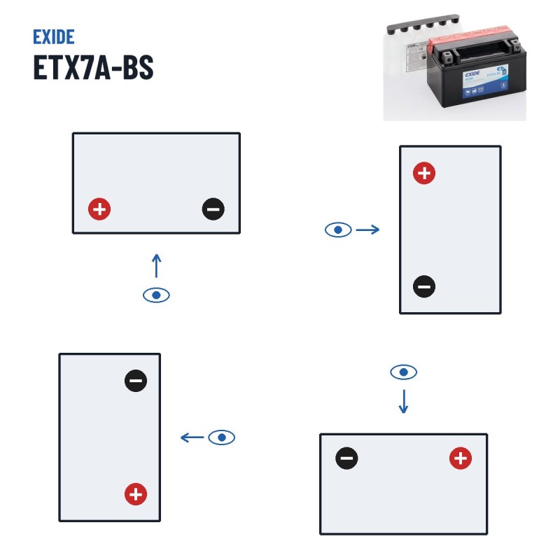 Motorcycle battery Exide ETX7A-BS 12V 6Ah 90A AGM – polarity (layout 1, + left)