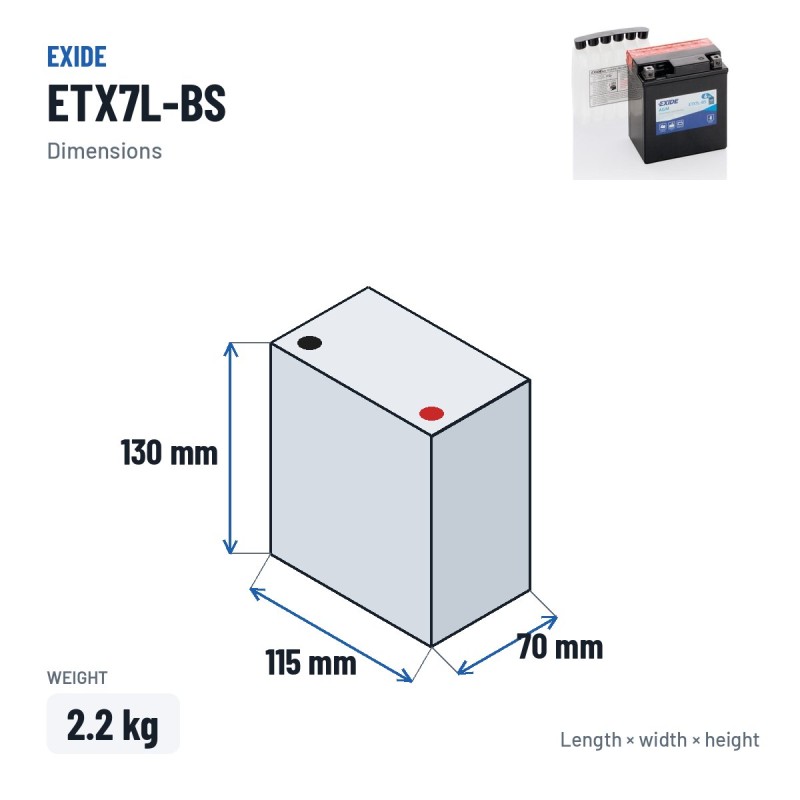 Batteria moto Exide ETX7L-BS 12V 6Ah 100A AGM – dimensioni 115 × 70 × 130 mm