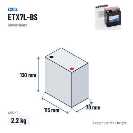 Batteria moto Exide ETX7L-BS 12V 6Ah 100A AGM – dimensioni 115 × 70 × 130 mm