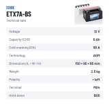 Motorcycle battery Exide ETX7A-BS 12V 6Ah 90A AGM – technical data