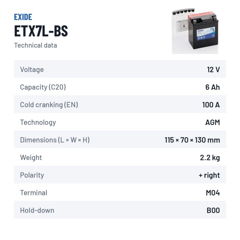Batteria moto Exide ETX7L-BS 12V 6Ah 100A AGM – scheda tecnica