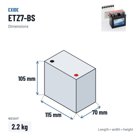 Motorradbatterie Exide ETZ7-BS 12V 6Ah 100A AGM – Abmessungen 115 × 70 × 105 mm