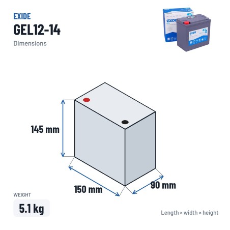 Batería de moto Exide GEL12-14 12V 14Ah 150A GEL – medidas 150 × 90 × 145 mm
