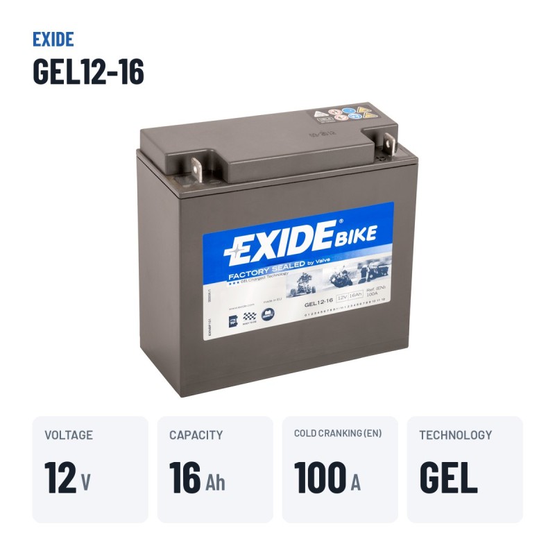 Motorcycle battery Exide GEL12-16 12V 16Ah 100A GEL – key specs