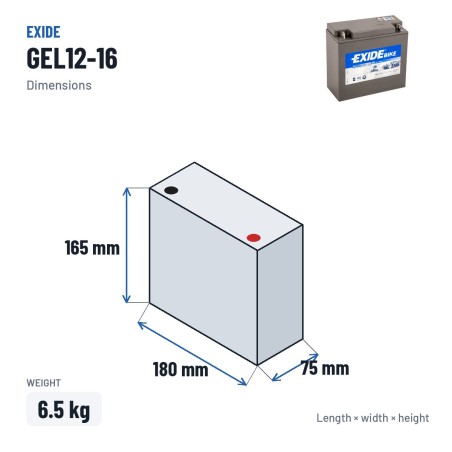 Motorcycle battery Exide GEL12-16 12V 16Ah 100A GEL – dimensions 180 × 75 × 165 mm
