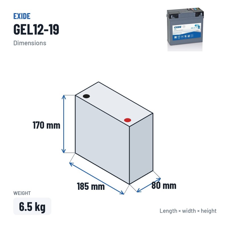 Motorcycle battery Exide GEL12-19 12V 19Ah 170A GEL – dimensions 185 × 80 × 170 mm