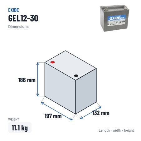 Batterie moto Exide GEL12-30 12V 30Ah 180A GEL – dimensions 197 × 132 × 186 mm