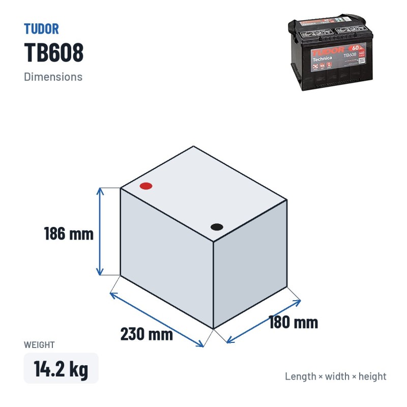 Bateria Start-Stop Exide TB608 12V 60Ah 640A – medidas 230 × 180 × 186 mm