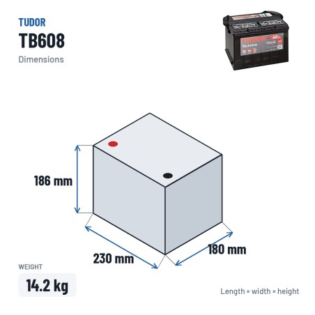 Start-Stopp-Batterie Exide TB608 12V 60Ah 640A – Abmessungen 230 × 180 × 186 mm