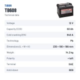 Batteria Start-Stop Exide TB608 12V 60Ah 640A – scheda tecnica