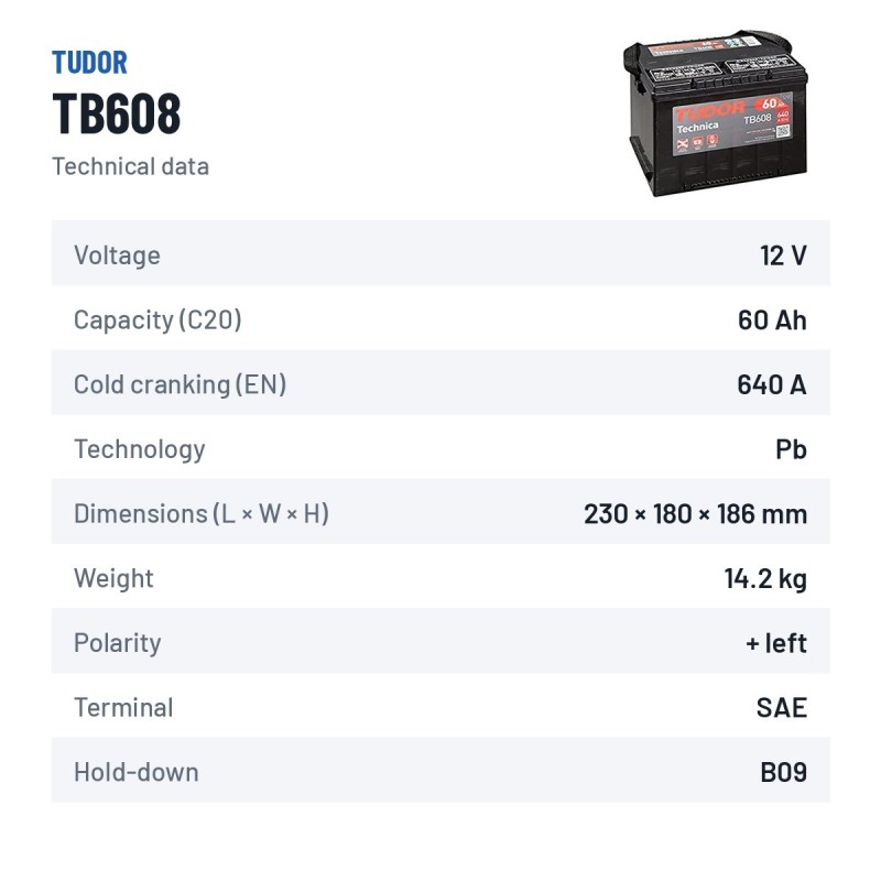Batteria Start-Stop Exide TB608 12V 60Ah 640A – scheda tecnica