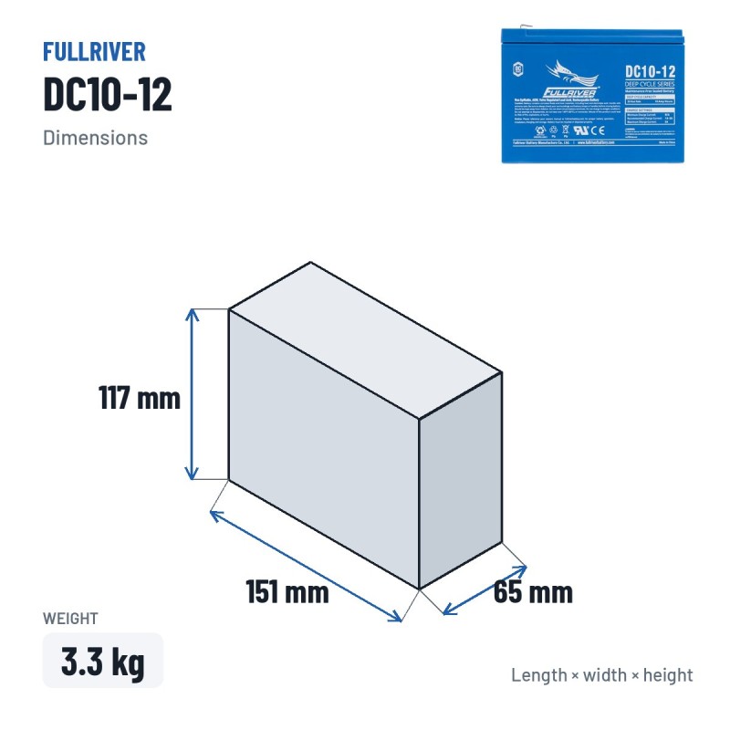 Bootsbatterie Fullriver DC10-12A 12V 10Ah AGM – Abmessungen 151 × 65 × 117 mm
