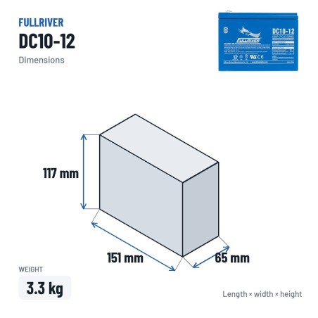 Bootsbatterie Fullriver DC10-12A 12V 10Ah AGM – Abmessungen 151 × 65 × 117 mm