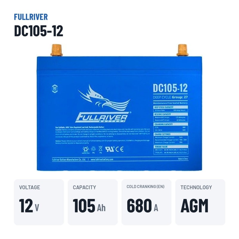 Bootsbatterie Fullriver DC105-12 12V 105Ah 680A AGM – wichtigste Daten