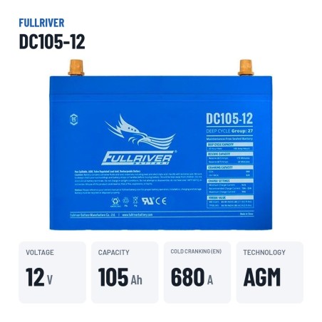 Bateria náutica Fullriver DC105-12 12V 105Ah 680A AGM – dados principais