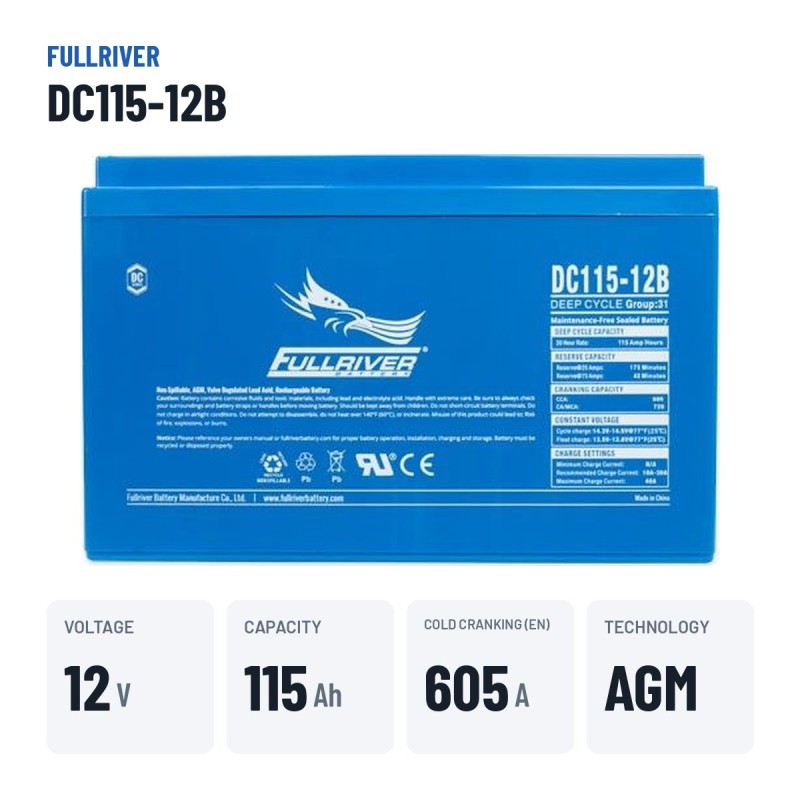 Batteria nautica Fullriver DC115-12B 12V 115Ah 605A AGM – dati principali