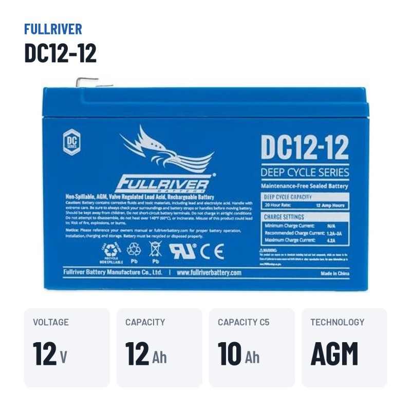 Bateria náutica Fullriver DC12-12 12V 12Ah AGM – dados principais