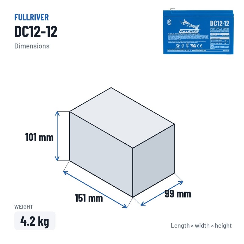 Bateria náutica Fullriver DC12-12 12V 12Ah AGM – medidas 151 × 99 × 101 mm