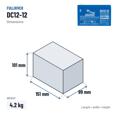 Bateria náutica Fullriver DC12-12 12V 12Ah AGM – medidas 151 × 99 × 101 mm