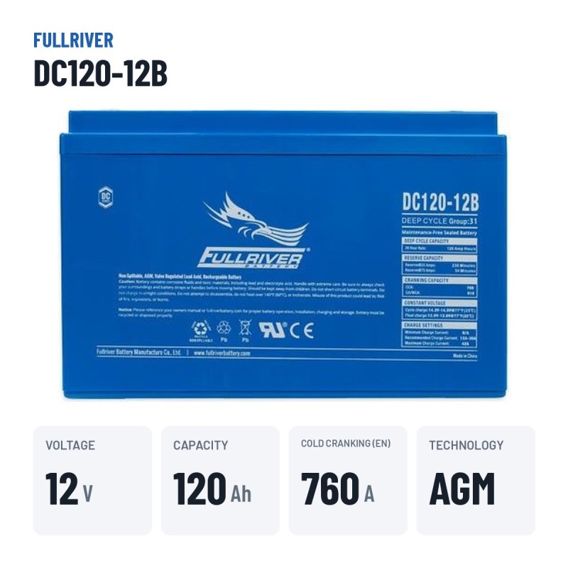Marine battery Fullriver DC120-12B 12V 120Ah 760A AGM – key specs