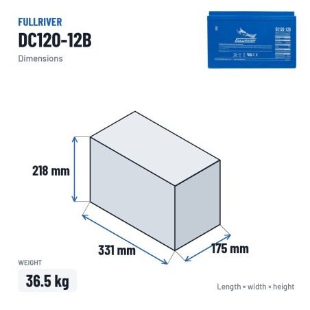 Bateria náutica Fullriver DC120-12B 12V 120Ah 760A AGM – medidas 331 × 175 × 218 mm