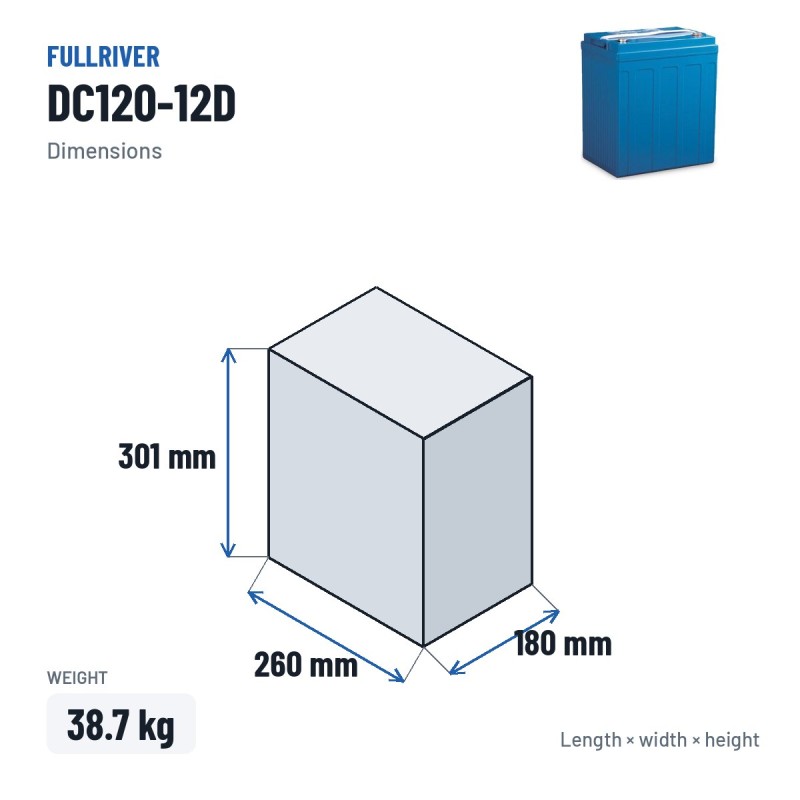 Batería náutica Fullriver DC120-12D 12V 120Ah 750A AGM – medidas 260 × 180 × 301 mm
